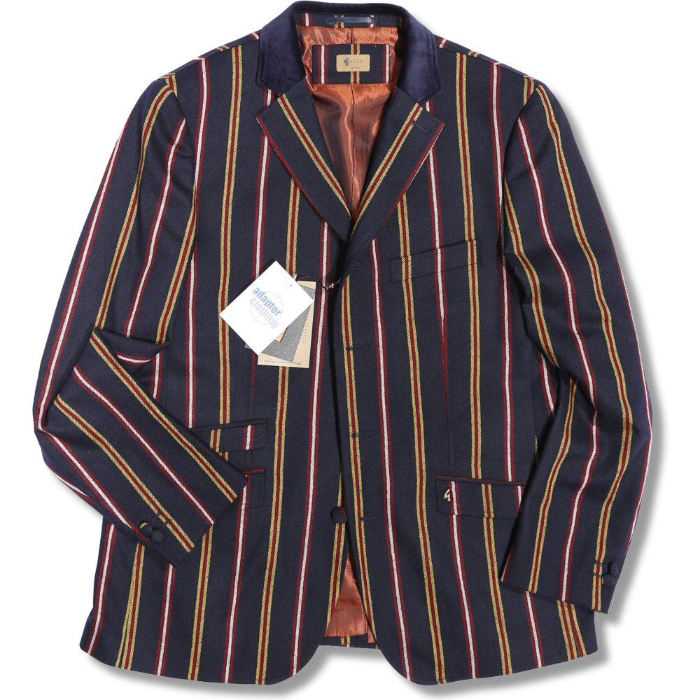 Gabicci Mod Stripe Velvet Collar Boating Blazer 4 Button Jacket Navy Gold Red 46